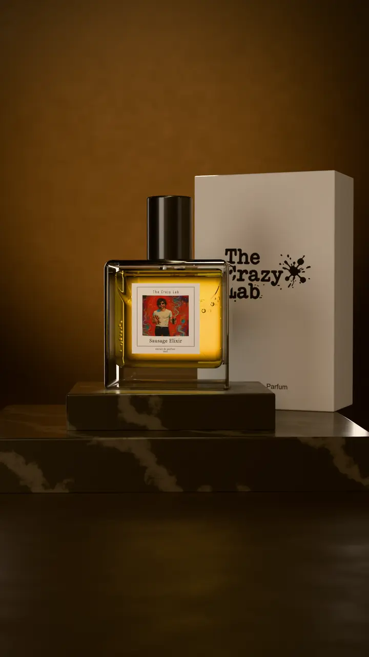 Sausage Elixir bottle beside its linen box
